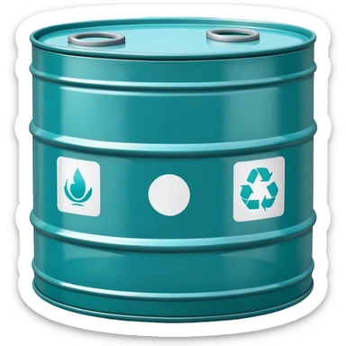 Oil barrel in cool tones with sky blue, teal green, white, and light gray sticker
