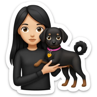 A girl with long black hair wearing black clothes holding a black dog in one hand sticker