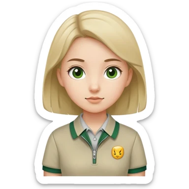 girl in a school uniform wearing a green polo, beige skirt, grey zipper jacket sticker