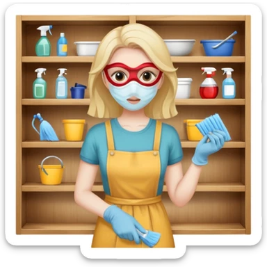 woman anxious cleaning a shelf and wearing a mask sticker