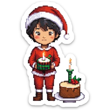 An Asian boy holding a small cake with a candle, Santa Claus in the background sticker