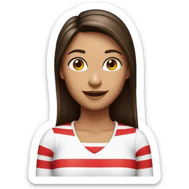 Portrait of an adult girl, tanned skin, dark long straight brown hair, dark eyes, smiling, wearing a white long sleeve with red horizontal stripes. sticker