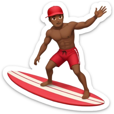 Dark, muscular man surfing wearing red shorts and a baseball cap Hawaii sticker