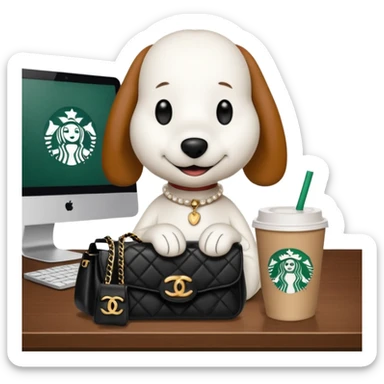 snoopy in a desk with starbucks and his chanel purse sticker
