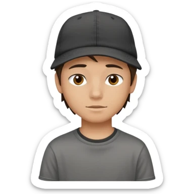 Create a teen boy wearing a faded black T-shirt. He will have brunette hair, tan skin, and dark brown eyes. He is wearing a gray hat turned backwards. sticker