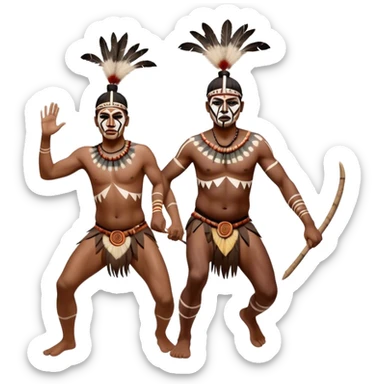 Cinematic Realistic scene of two indigenous male aboriginals performing an Aboriginal Corroboree, adorned in traditional body paint, captured in fluid motion with earthy tones and vibrant, cultural lighting sticker