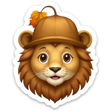 cartoon lion wearing a chestnut as a hat, big sparkling eyes, warm and friendly, autumn colors, emoji-style simplicity sticker