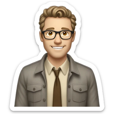 Joyful Pale skinned Fit Man With dark brown hair in gray jacket, beige office shirt, Brown pants and vintage glasses. His thrumbs up sticker