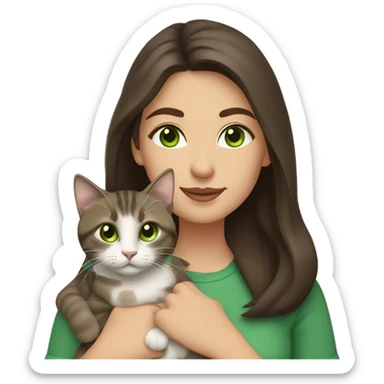 Caucasian woman with long dark brown hair and brown eyes holding a tabby cat with green eyes sticker