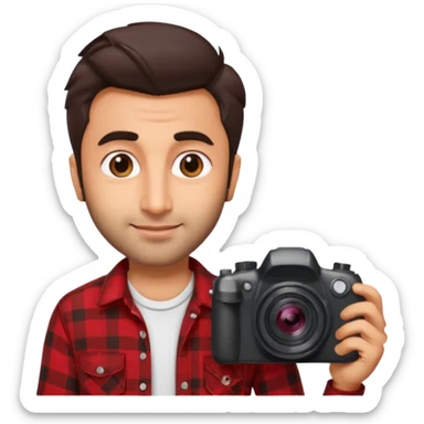 generate a pretty bratz emoji 
Make her look like Ranbir kapoor wearing a red flannel shirt,with white tee underneath. smirking and carrying a camera

he should look exactly  like ranbir kapoor!  sticker
