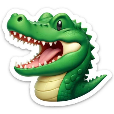 Cinematic Cute Yawning Crocodile Portrait Emoji, Head tilted slightly with a dramatic, wide-open yawn, showcasing a soft, textured emerald-green hide with slightly drooping jaws and half-closed eyes in drowsy contentment, Simplified yet irresistibly adorable features, highly detailed, glowing with a soft, cozy glow, high shine, relaxed yet expressive, stylized with a touch of reptilian whimsy, bright and endearing, soft glowing outline, capturing the essence of a sleepy yet affectionate crocodile, so drowsy it feels like it could stretch out of the screen and curl up for a nap! sticker