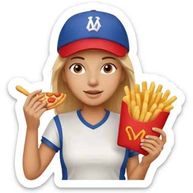 lean female holding fries on one hand and eating pizza on the other hand sticker