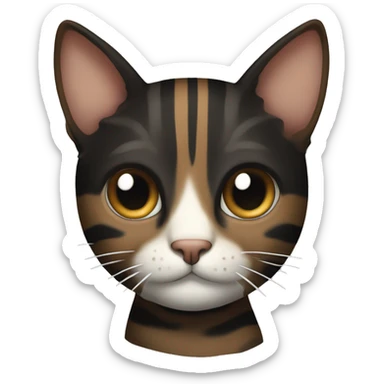 A black and brown striped cat with a white muzzle sticker