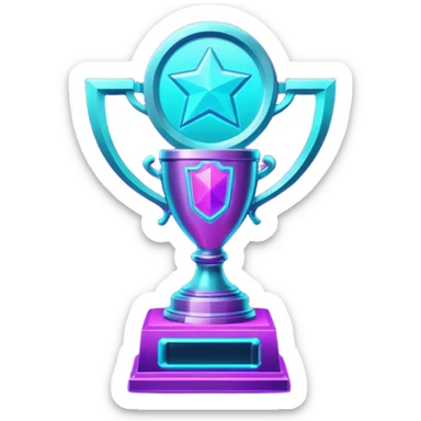 futuristic glowing neon trophy beside, purple and cyan glow, dark background sticker