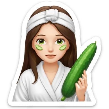 white long brunette hair girl with hazel eyes in a bathrobe with cucumber slices covering her eyes sticker