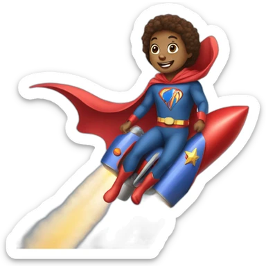 person dressed with a superhero cape but without mask is riding on a rocket sticker