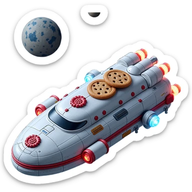 Outside view of a half-spaceship cookie factory floating in orbit, metallic hull with cookie insignia, glowing pipes connecting modules, stars and planets in the background sticker