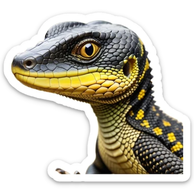 cinematic-realistic-cute-monitor-lizard-portrait-emoji,-head-tilted-playfully-and-inquisitively,-featuring-a-compact,-agile-body-with-finely-detailed,-glossy-scales-in-earthy-black and yellow-hues-and-a-distinct,-alert-face-with-bright,-curious-eyes, black , yellow spotted and green band  scales and a slender neck sticker