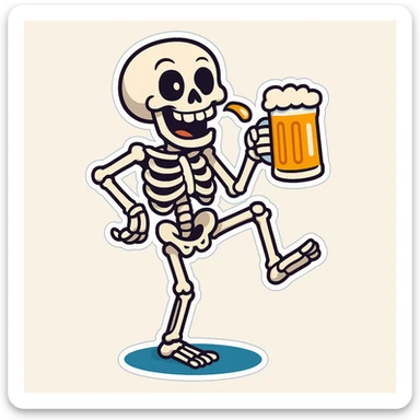 Create a variant of a skeleton drinking a beer, balancing on one leg like a flamingo, with a playful expression, in a cartoon sticker style. The style should mimic cartoonish stickers with bold outlines and vibrant colors. sticker