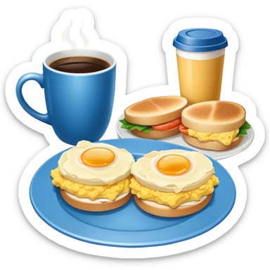 a blue plate with breakfast sandwiches and scrambled eggs and a cup of white coffee sticker