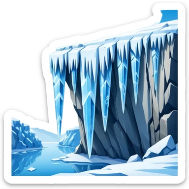 A stunning winter scene showing long, sharp icicles hanging from a frozen cliff or ledge, glistening in bright daylight. The surface is covered in snow and ice, with a cold blue and white color palette, highly detailed, realistic lighting, and frosty atmosphere. sticker