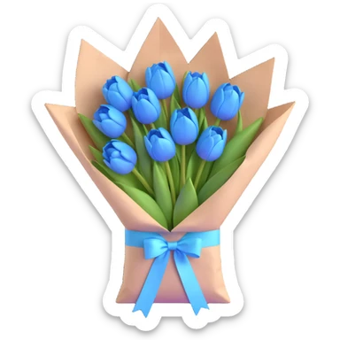 blue tulips bouquet in a crisp white paper bag, tied with a pastel blue ribbon, soft blue pastel palette, subtle shadows, minimal and clean, 3D iOS emoji style sticker