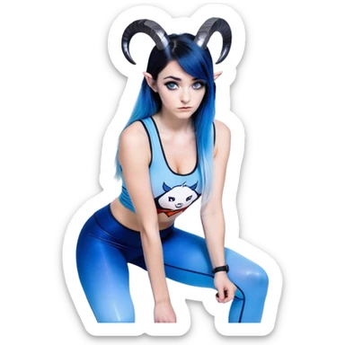Disapponted-big tears-head back texting on phone-very very large upper body-sexy face-bending forward at waist-very long very straight dark blue to light blue ombre hair-and-blue eyes-thick black eyeliner-cute goat horns-iridescent blue lowcut tanktop with black leggings with glitter superman logo sticker