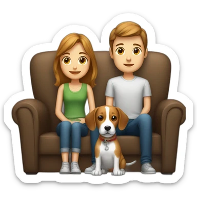 Brown hair White boy and girl with beagle Sit on couch sticker