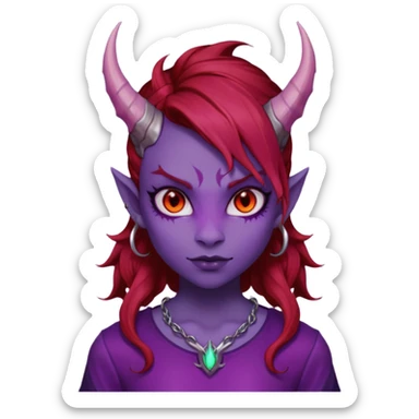 Demon Girl Purple Skin Dragon Horns Black Eyes Red Glowing Pupils Auburn Haired Red Shirt  sticker