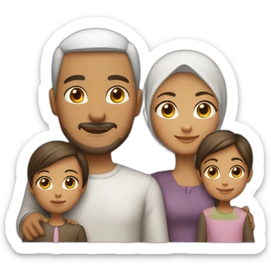 Family of four: a mom who is the only person wearing a hijab, a dad, a young little girl, and a young little boy, light brown skin, dark hair sticker