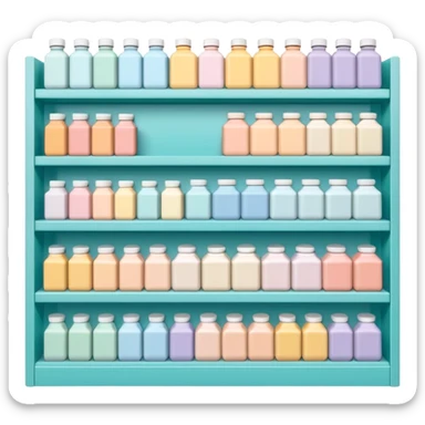 "Minimalist Japanese retail shelf display, products aligned identically across horizontal rows, vertically varied by type, clean spacing, precise symmetry, soft neutral lighting, aesthetic composition, highly organized, front-facing packages, ultra-detailed." sticker