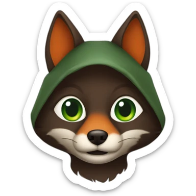 a small dark brown fox with orange eyes with a dark green hood sticker