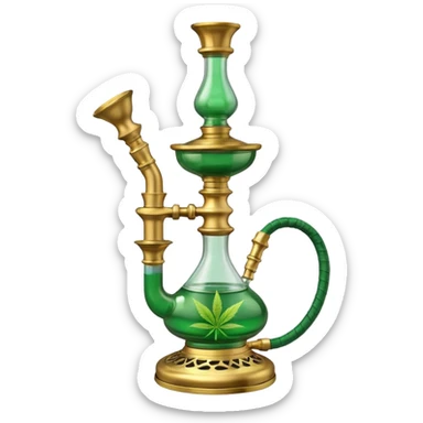 Brass hookah with green design on a glass water base and a weed banger on the top sticker