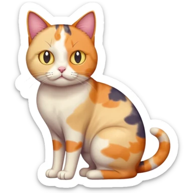 full body colourful calico cat with skinny head and fat body with an anxious face sticker