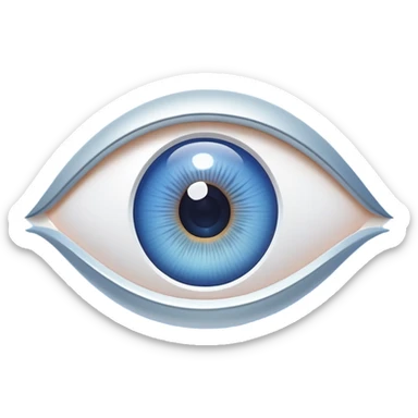 white capital letter O inside almond-shaped gradient eye with silver curved accents on both sides, on circular blue background, symbolizing vision and clarity sticker