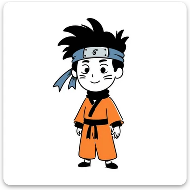 A blonde ninja boy with spiky hair, whisker marks on cheeks, orange outfit, and blue headband with metal plate sticker