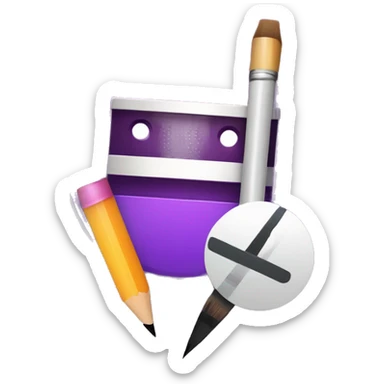 Design a modern, professional video editing icon featuring a stylized film strip, a play button, and a pencil or brush for creativity. Use purple shades with subtle gradients and glowing effects for a sleek, eye-catching look sticker