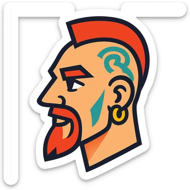 vibrant toon style head of a white man with a goatee, mohawk, earring, and head tattoo sticker