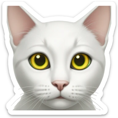 white cat  yellow eyes green collar black spot on head next to right ear sticker