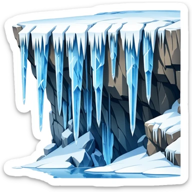 A stunning winter scene showing long, sharp icicles hanging from a frozen cliff or ledge, glistening in bright daylight. The surface is covered in snow and ice, with a cold blue and white color palette, highly detailed, realistic lighting, and frosty atmosphere. sticker
