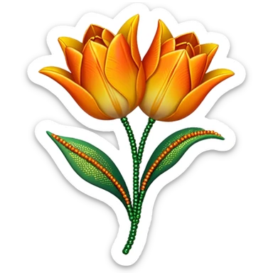 french beaded tulip, floral craft, sparkling glass beads, orange and yellow gradient petals, green foliage, realistic, elegant, no background sticker