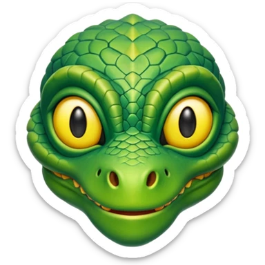 Reptilian alien head, green scales, yellow eyes, cartoon emoji, no background sticker