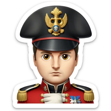 Cinematic Realistic Napoleon Bonaparte Portrait Emoji, depicted as a commanding military leader with a determined gaze and iconic bicorne hat, rendered with dramatic textures and bold historical lighting that captures his imperial legacy. sticker