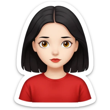Buatkan aku emoji perempuan yang memiliki warna kulit cerah, mata yang cantik, dan mempunyai rambut hitam yang lurus dan sedikit bergelombang dan panjang rambutnya sampai ke pundak, dan memakai kaos pendek oversize berwarna merah  sticker