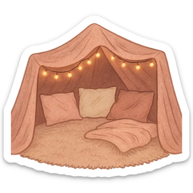 pink cozy blanket fort with string lights, inviting sticker