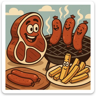 beef sirloin steak sausages on a bbq french fries potato plates   sticker