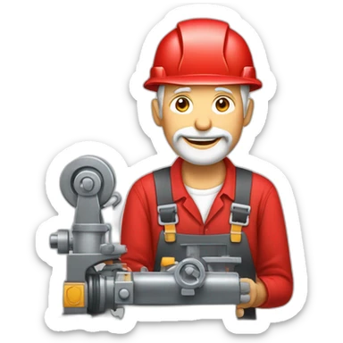 Industrial professional senior mechanical assembler working on the assembly of heavy machinery with a red outfit sticker