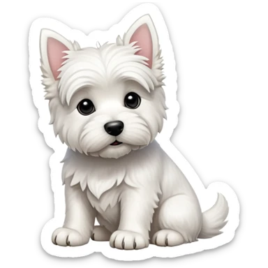 cinematic-[west highland white terrier]-realistic-full-body-sitting-emoji,-tail-resting-loosely-beside-its-paws,-head-tilted-dramatically, dooped ears -wavy-[white-fur,-simplified-yet-realistic-focused-features,-highly-detailed,-glowing-with-an-almost-sarcastic-glow sticker