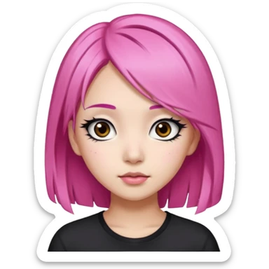An Asian girl with pink hair, big eyes, thick eyebrows, and long eyelashes;  sticker