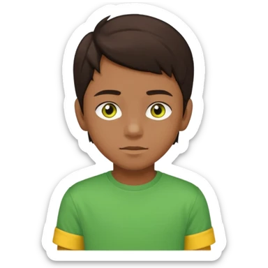 A portrait of a 14-year-old boy, he's got dark-brown hair, brownish skin and green hazel eyes. he's wearing a t-sirt with yellow sleeves. sticker